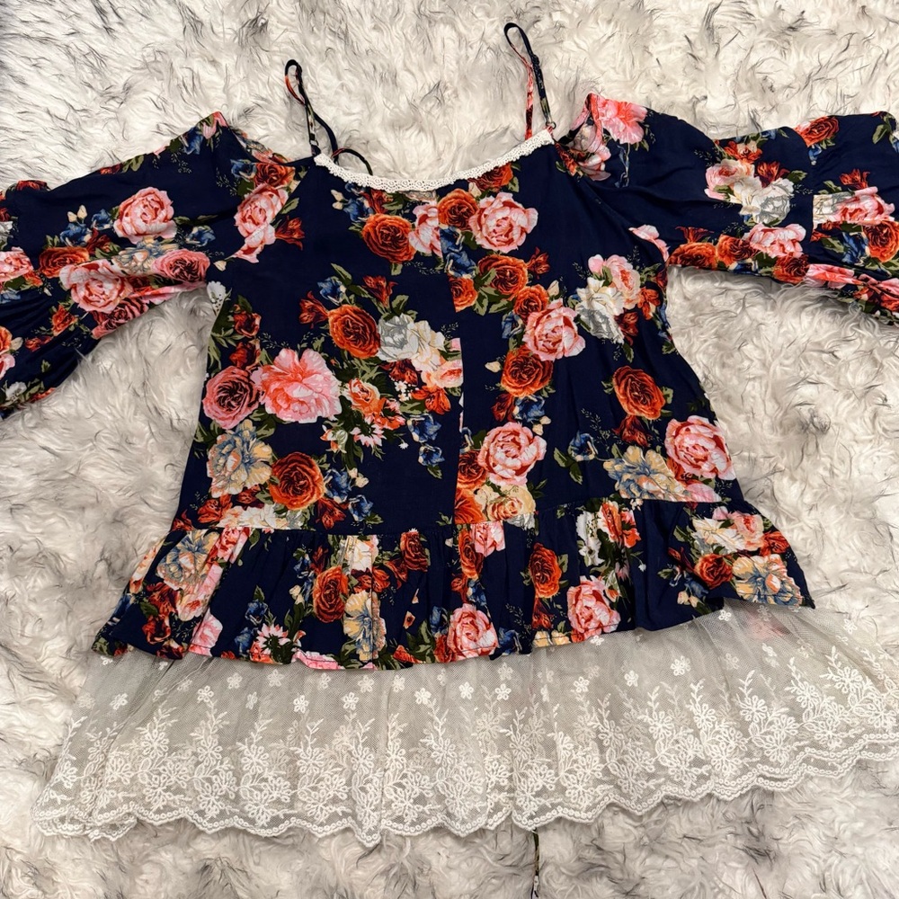 Umgee Blue Tie Front Ruffled Lace Blouse - Picture 1 of 6